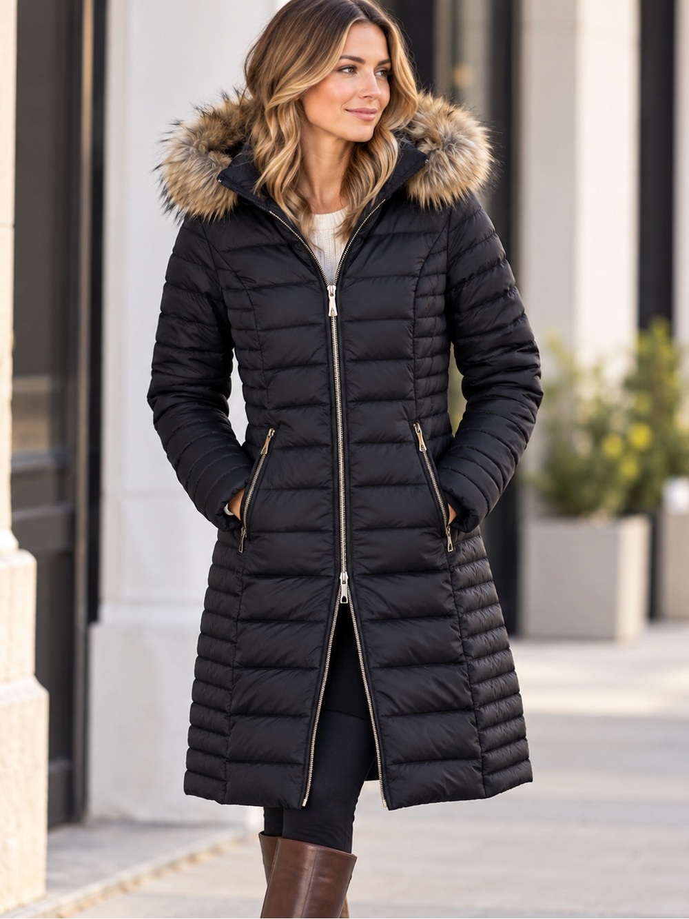 Kate Spade Black Quilted Puffer Coat w/Premium Duck Down Blend and Fur Trim XS